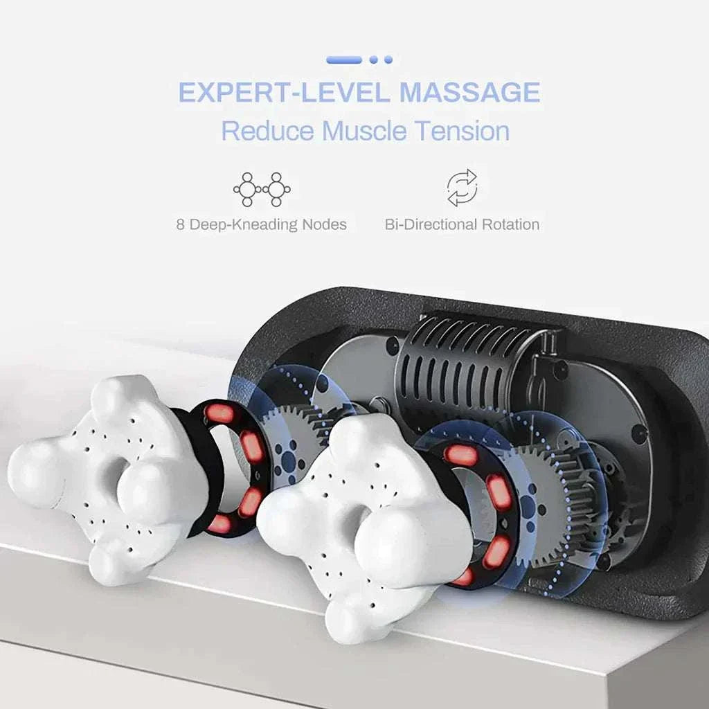 Animated GIF showing neck and shoulder massager in use with heated Shiatsu rollers for pain relief and muscle relaxation