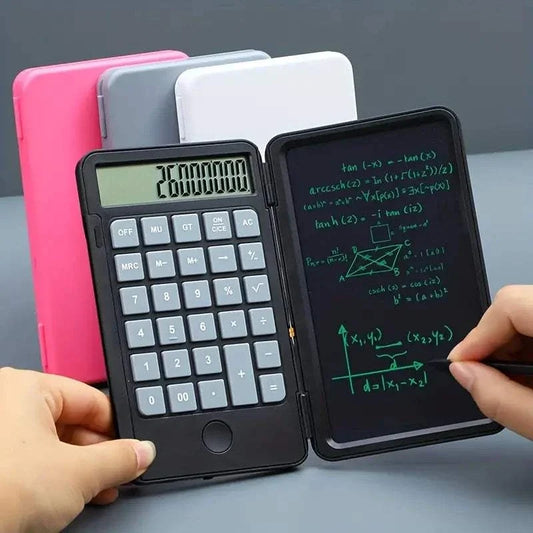 LCD calculator with a built-in LCD writing pad for easy note-taking and calculations