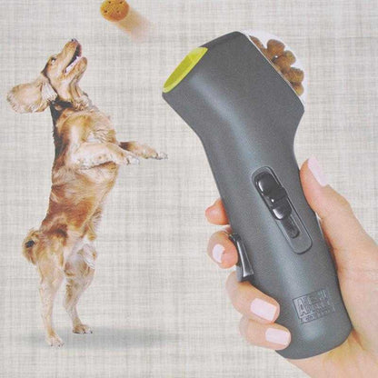 Dog catching treat launched from Pet Treat Launcher toy in motion
