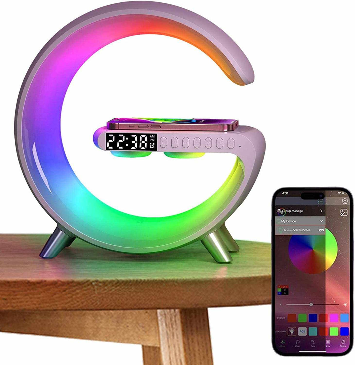 Charger lamp with phone charging and adjustable mood lighting via app