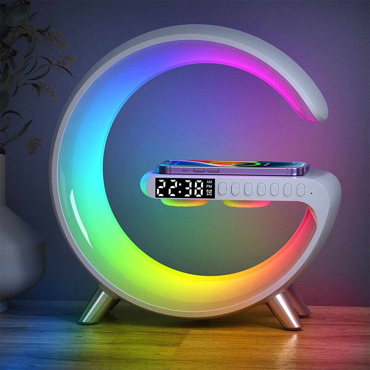 Modern charger lamp with wireless phone charging and adjustable mood lighting via app