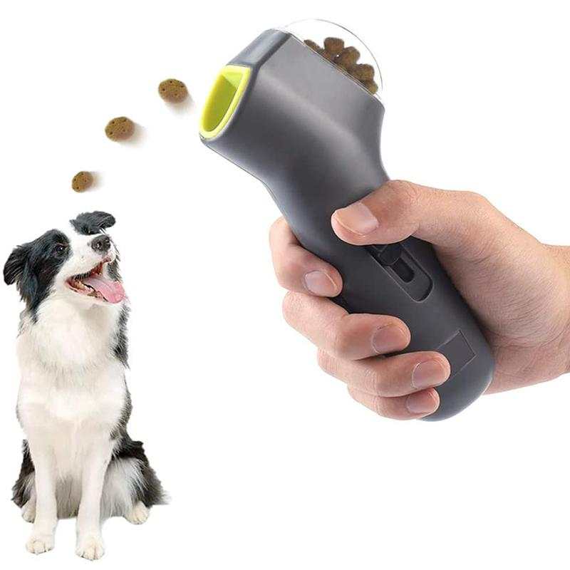 Dog catching treat launched by Pet Treat Launcher toy