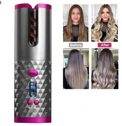 Animated demonstration of a portable hair curler curling a strand of hair