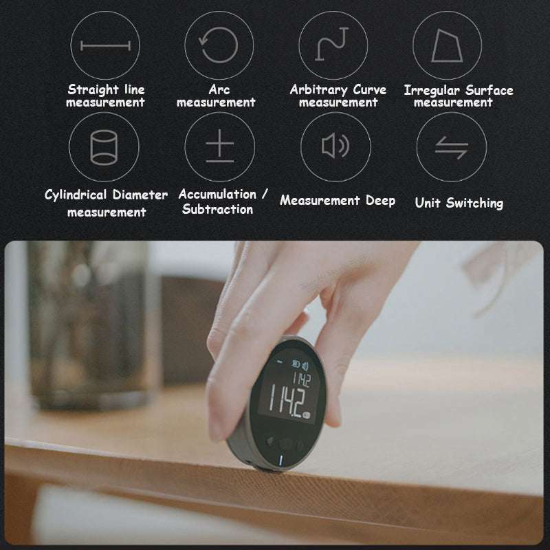 Digital measurement tape measuring straight and curved surfaces with extreme accuracy and five settings