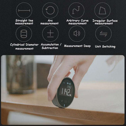 Digital measurement tape measuring straight and curved surfaces with extreme accuracy and five settings