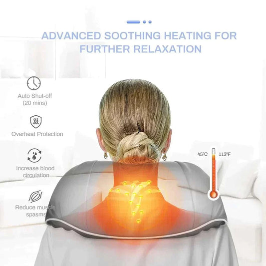 Person using a neck and shoulder massager with heated rollers for deep-kneading Shiatsu massage at home