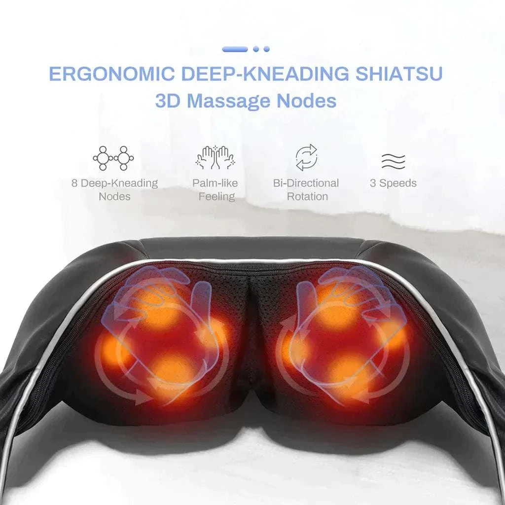 Animated neck and shoulder massager with heated Shiatsu rollers for pain relief and muscle relaxation
