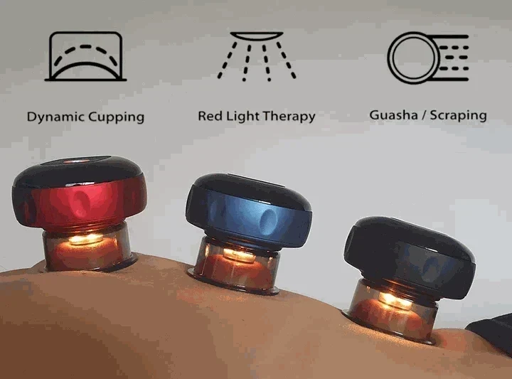 SmartCup dynamic cupping therapy device with red light and heat therapy on LCD display