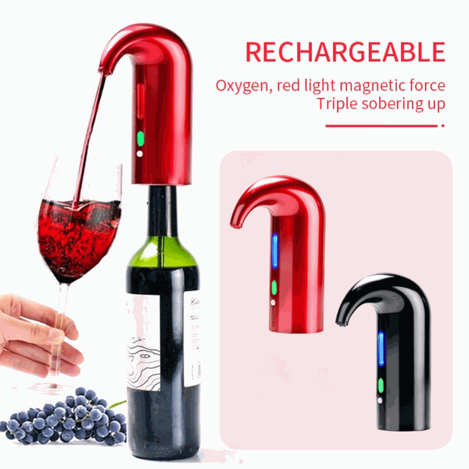 Electric wine pump pouring red wine from bottle to glass without spillage