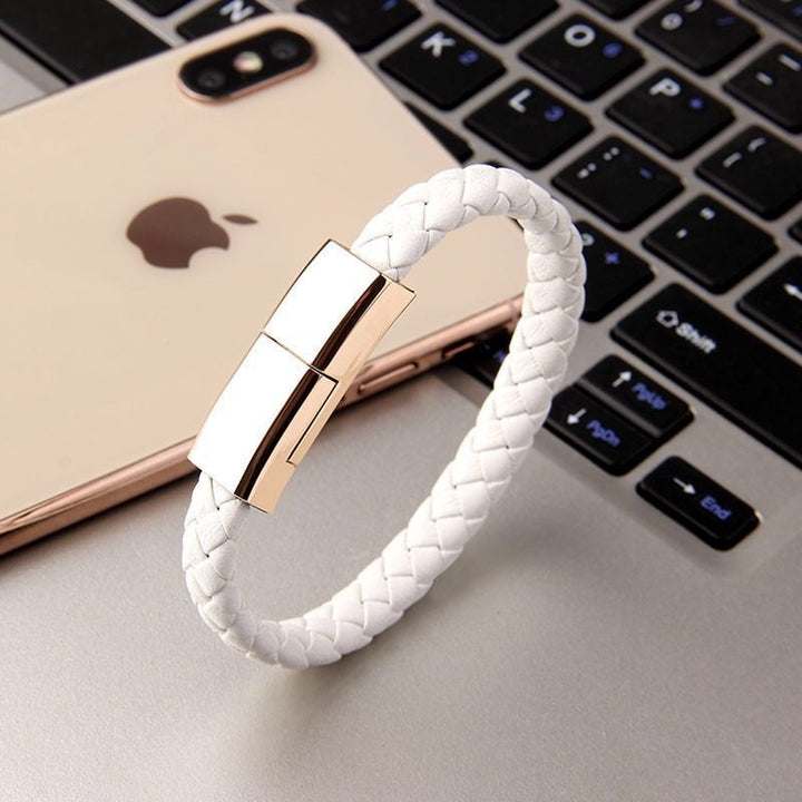 Sleek charging bracelet with braided band and rapid charging technology for mobile phones
