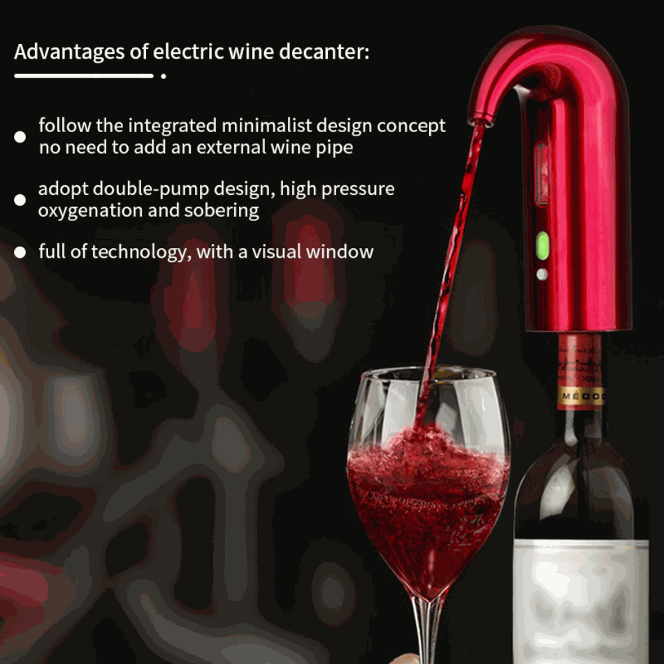 Electric wine pump dispensing wine into glass with no spills, wine bottle accessory enhancing flavor molecules