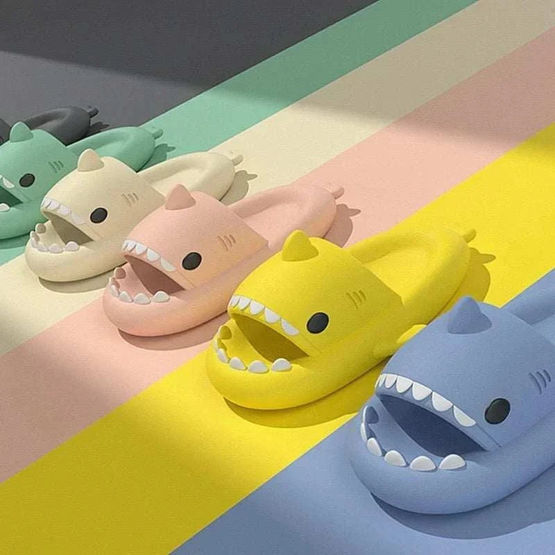 Animated GIF of quirky and stylish Shark Slides sandals inspired by fish flops for comfortable everyday indoor and outdoor use