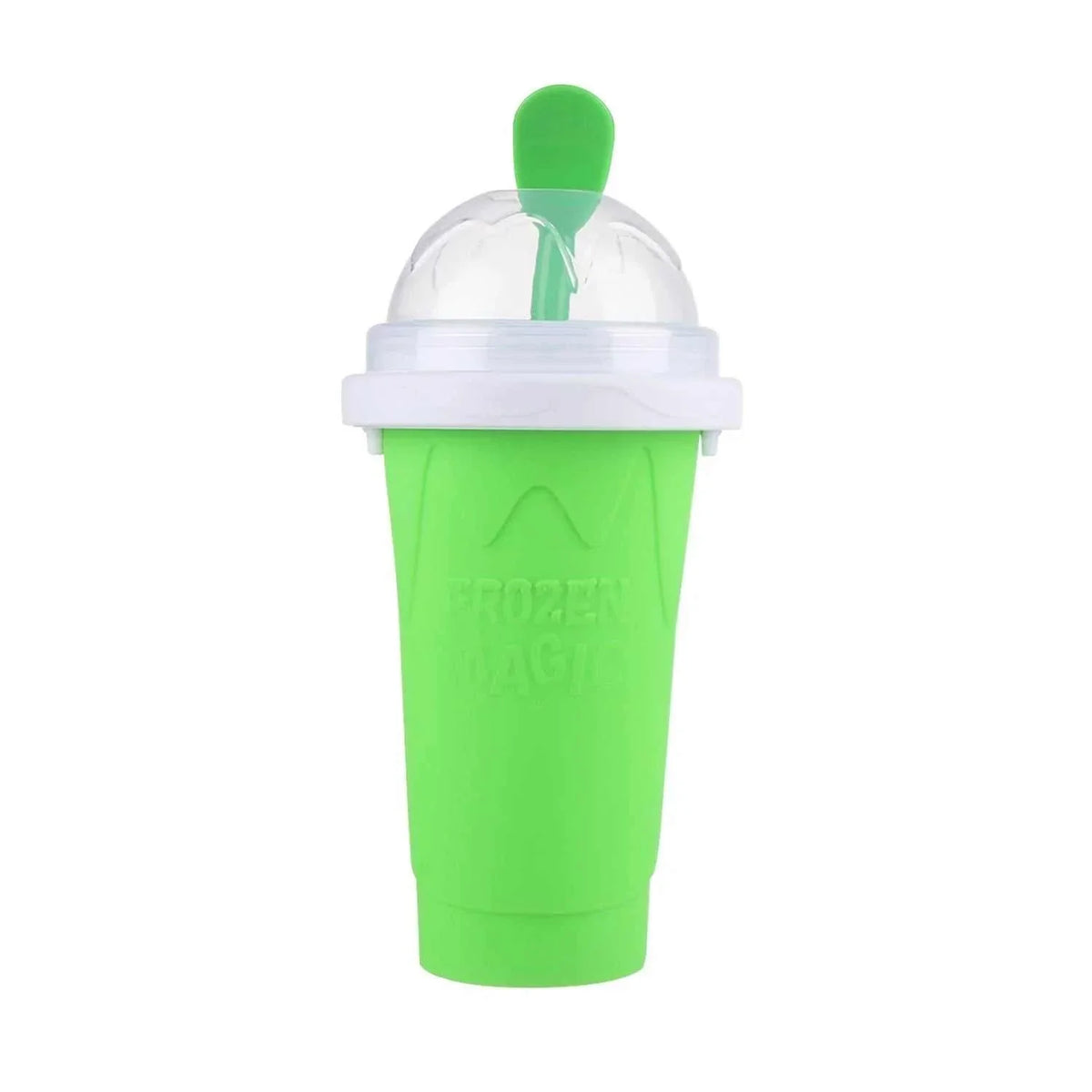 Hand squeezing blue Slush Cup creating fresh homemade slushie drink
