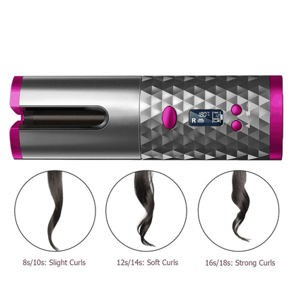 Portable hair curler styling a strand of hair into curls with a small, easy-to-use design